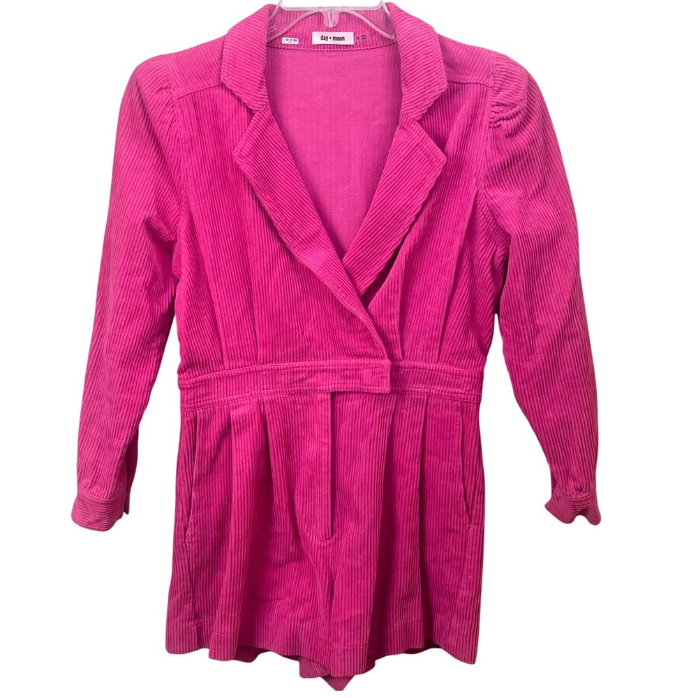 Day & Moon Hot Pink Corduroy Long Sleeve Pleated Jumper  Barbiecore Romper Small